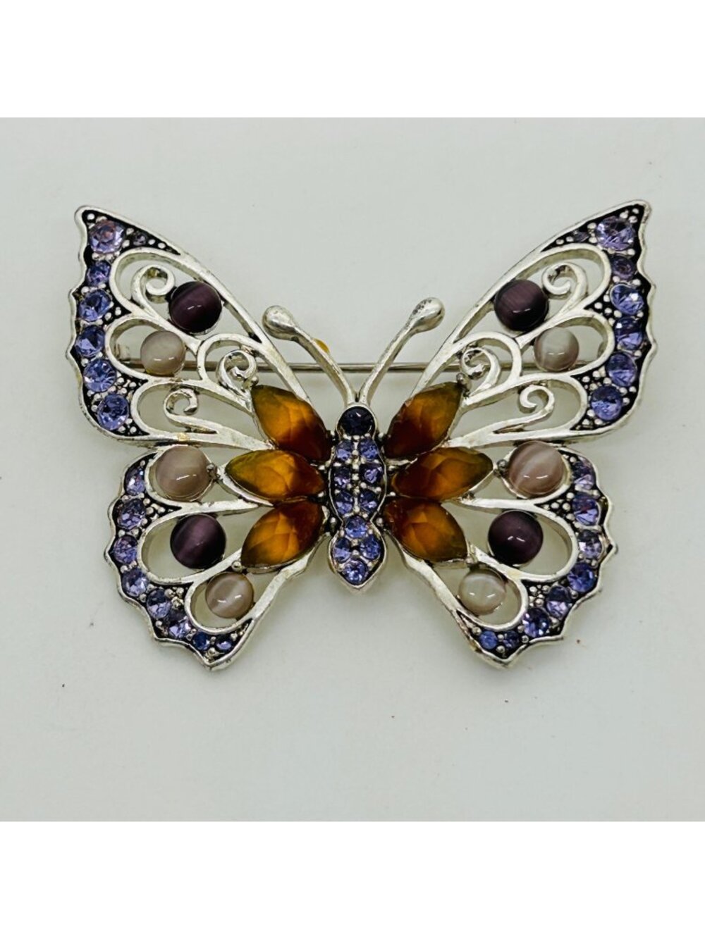 Liz Claiborne Butterfly Brooch Silver Tone Purple Amber Rhinestone 2" Vintage